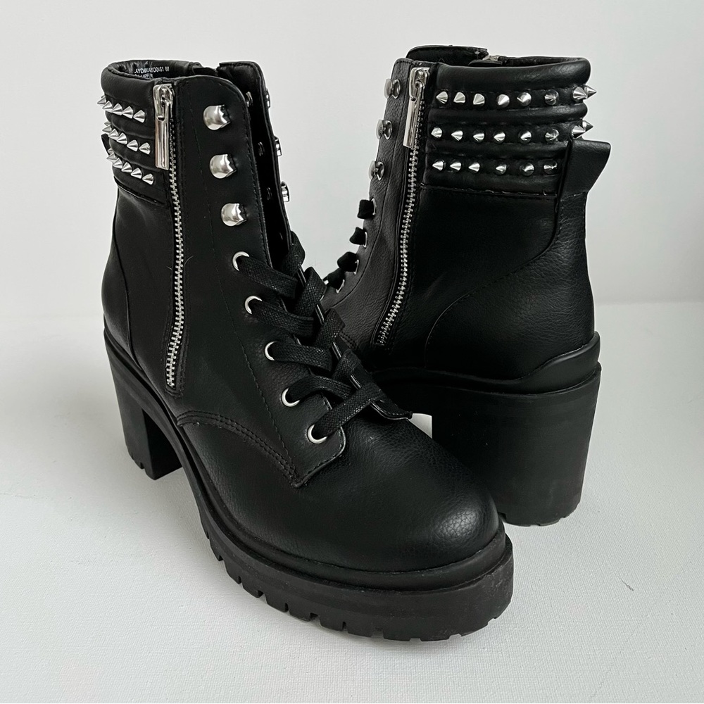 COPY - Steve Madden Jaydin Leather Silver Studded Black Combat Boots Lug Sole P…